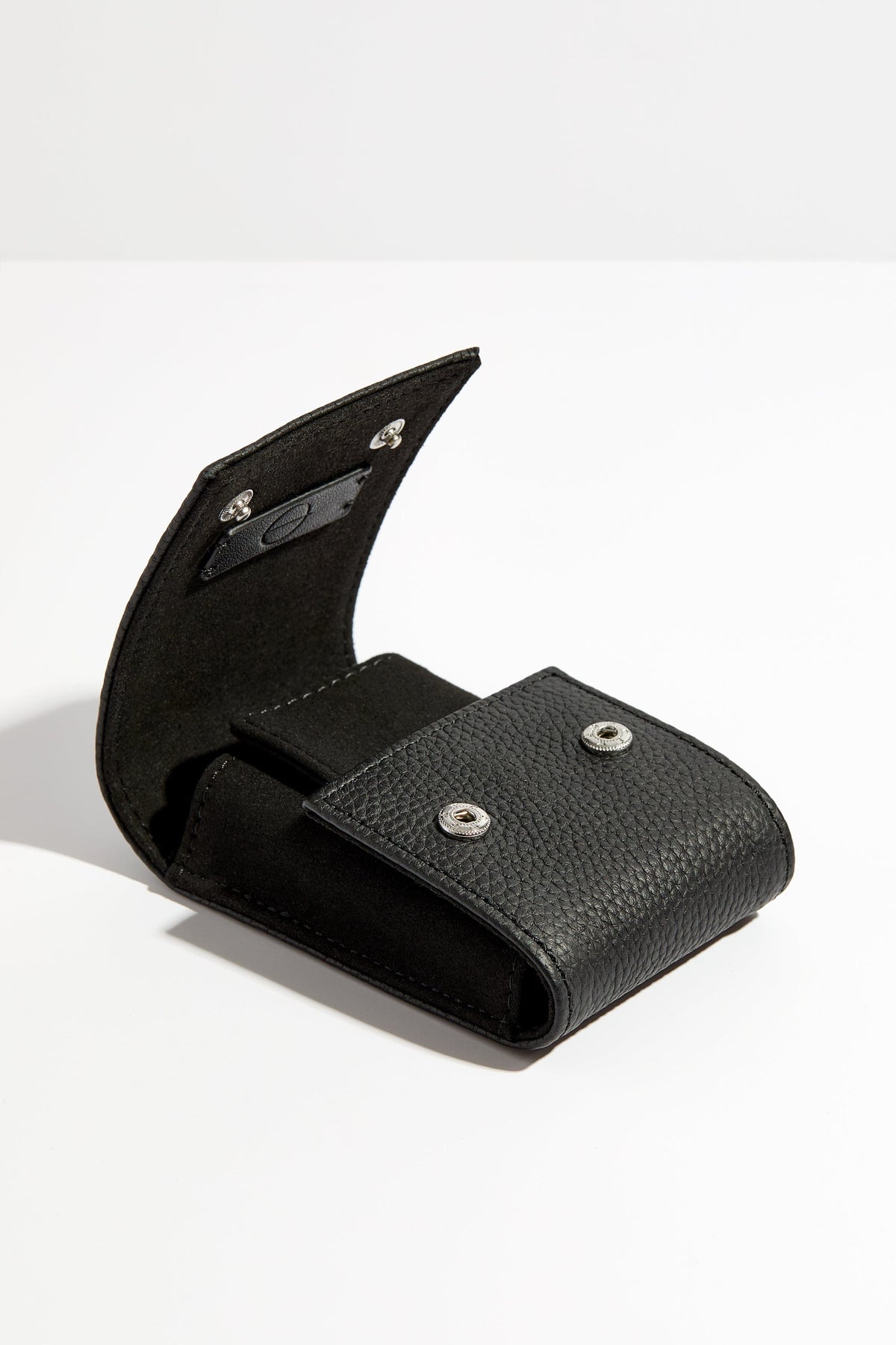 Arcus Onyx Watch Pouch open, showing snap fasteners and dark interior